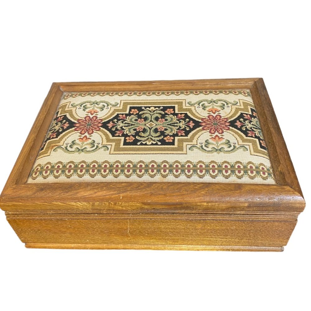 Vintage MCM London Leather Jewelry Box Wooden Tapestry Oak Lidded Mirror
